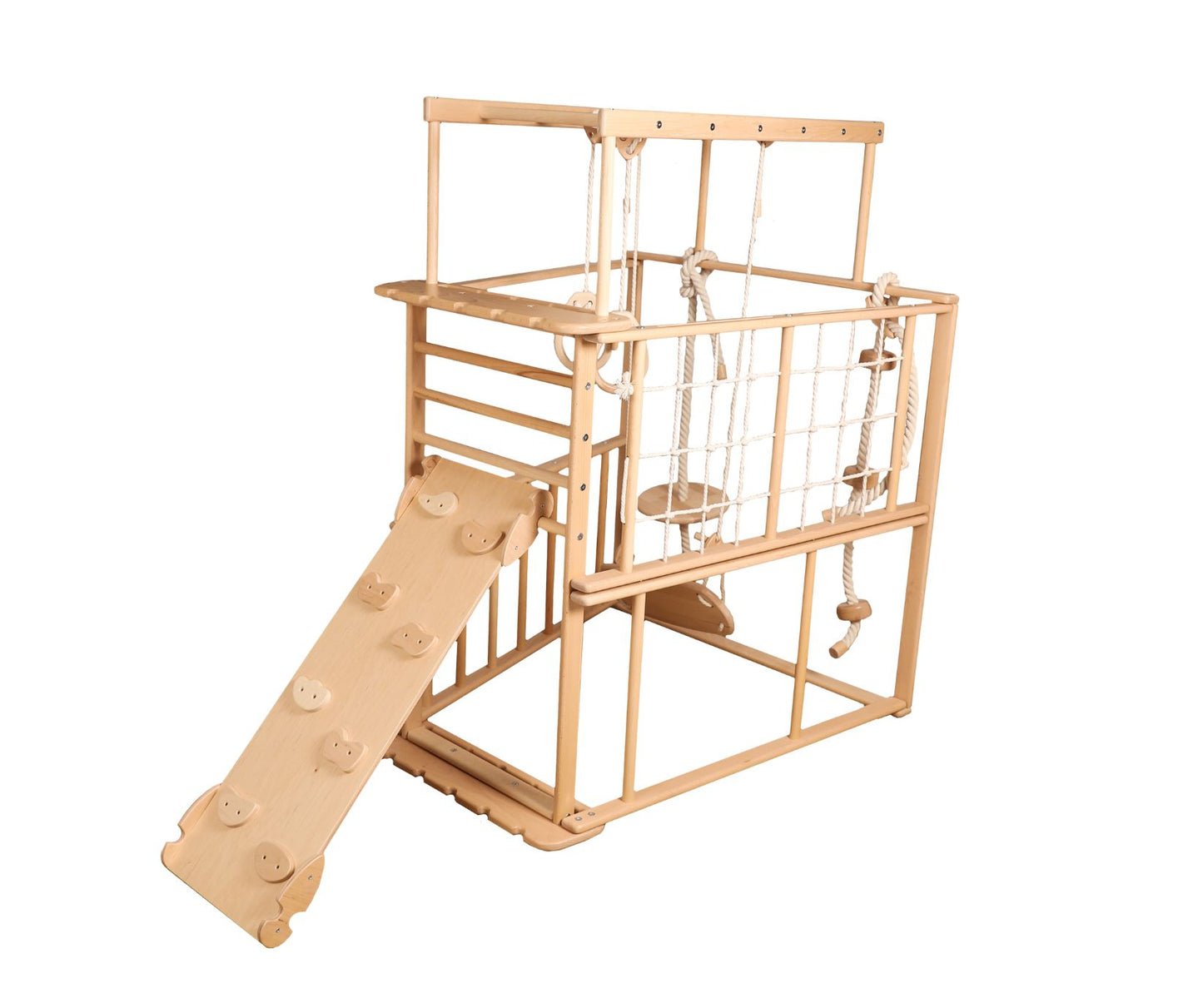 Kiipeilyteline PIENI TRAPEZE tikkailla, matto, ramppi, köysiistuin, voimistelurenkaat, keinuistuin, keinu puupalloilla